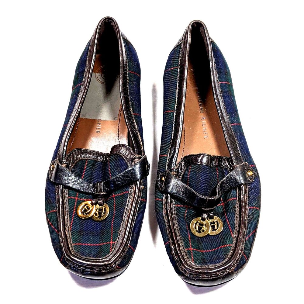 Etienne Aigner Shoes Driving Loafers Tartan Plaid Leather Charm Y2K Preppy 6.5